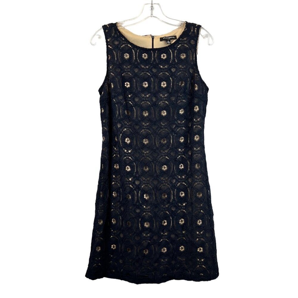 Sharagano Womens Sleeveless Navy/Nude Lace Sheath Dress Knee Length 10 New